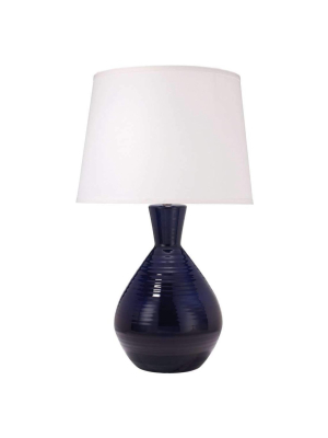 Ash Table Lamp In Navy Ceramic With Large Cone Shade In White Linen