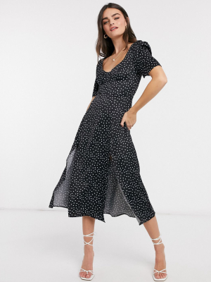 Asos Design Cupped Satin Printed Maxi Dress With Splits In Black Polka Dot