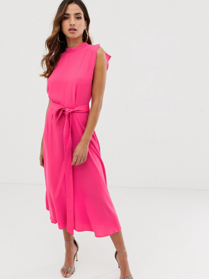 Asos Design Split Cap Sleeve High Neck Midi Dress With Skater Skirt In Hot Pink