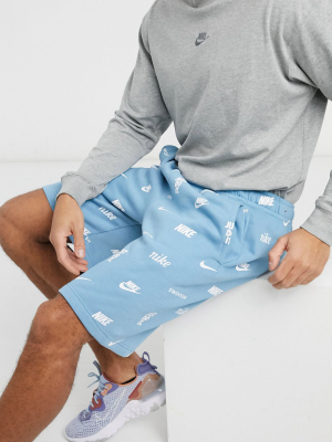 Nike Brand Mark All Over Print Shorts In Dusty Blue