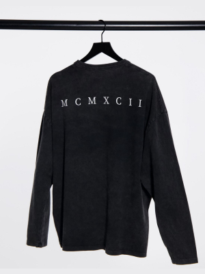 Asos Design Oversized Long Sleeve T-shirt With Back Roman Numeral Print In Washed Black