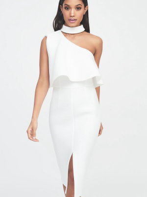 Scuba High Neck One Shoulder Midi Dress In White