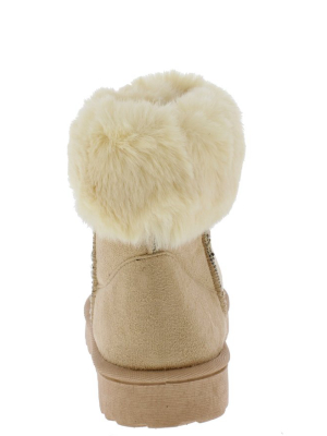 R0012 Beige Faux Fur Fold Over Lug Sole Boot