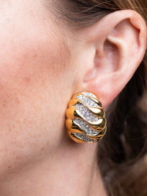 Gold And Rhinestone Wave Dome Clip Earrings