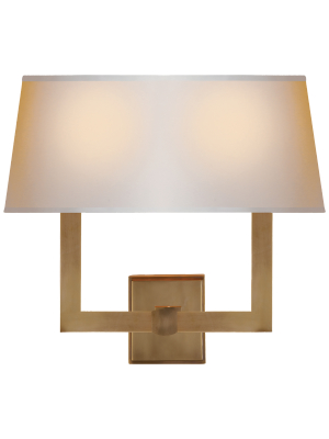 Square Tube Double Sconce In Hand-rubbed Antique Brass With Natural Paper Single Shade