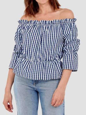 Gingham Bardot Top In Blue