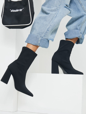 Black Wide Fit Block Heeled Point Toe Sock Boots