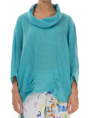 Cowl Neck Turquoise Linen Blouse