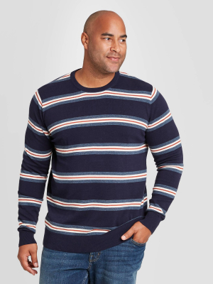 Men's Striped Big & Tall Regular Fit Crewneck Sweater - Goodfellow & Co™ Blue