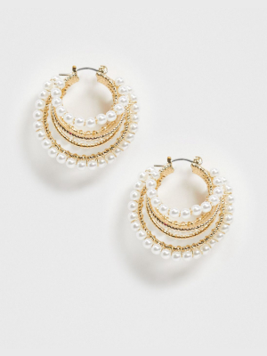 Asos Design Hoop Earrings In Triple Row Design With Pearls In Gold Tone