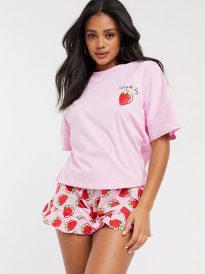 Asos Design Pick Of The Day Strawberry Tee & Short Pyjama Set In Pink