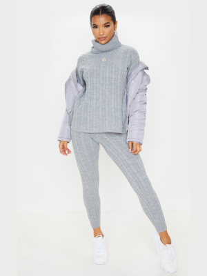 Grey Cable Knit Roll Neck And Legging Set