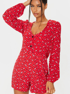 Red Ditsy Floral Long Sleeve Button Playsuit