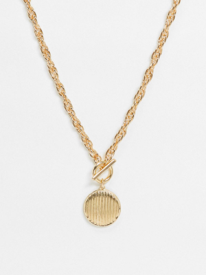 Asos Design Necklace With T-bar And Ribbed Pendant Detail In Gold Tone