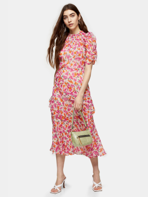 Pink Floral Print Ruffle Frill Midi Dress