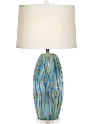 Possini Euro Design Coastal Table Lamp Ceramic Blue Green Swirl Glaze Neutral Oval Shade For Living Room Family Bedroom Bedside