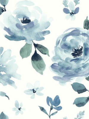 Watercolor Blooms Peel & Stick Wallpaper In Blue By York Wallcoverings