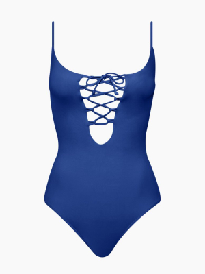 Lace-up Front And Back One Piece Swimsuit - Indigo Blue