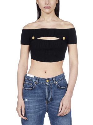 Balmain Button Detail Off-shoulder Crop Top