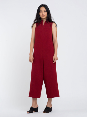 Lãnh Sleeveless High Collar Slit Neck Onesie - Tomato Sesame