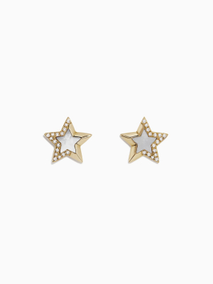 Effy Novelty 14k Gold Mother Of Pearl And Diamond Star Earrings, 0.11 Tcw