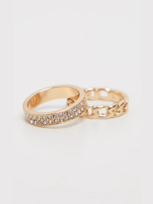 Gold Diamante And Chain Two Pack Rings