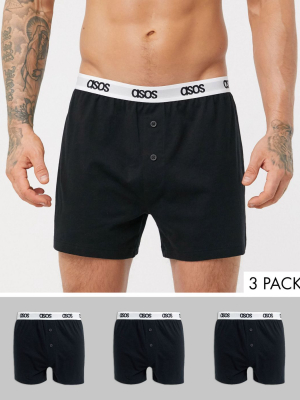 Asos Design 3 Pack Jersey Boxers In Black With Branded Waistband Saving