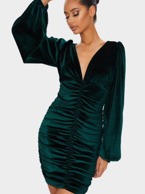 Emerald Green Velvet Ruched Balloon Sleeve...