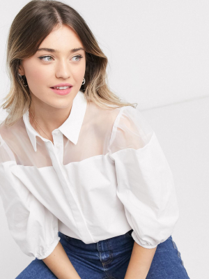 Asos Design Long Sleeve Cotton Shirt With Organza Insert In White