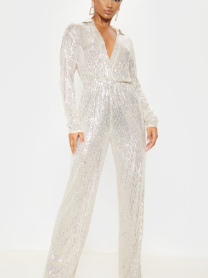 Silver Sequin Collar Detail Long Sleeve Jumpsuit