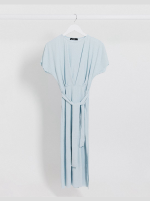 Bershka Crinkle Tie-waist Midi Dress In Light Blue