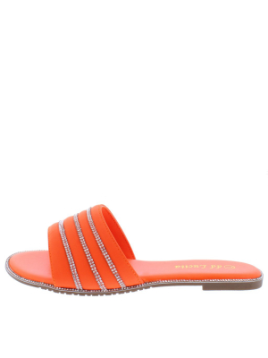 Sarah004p Orange Rhinestone Open Toe Flat Slide Sandal