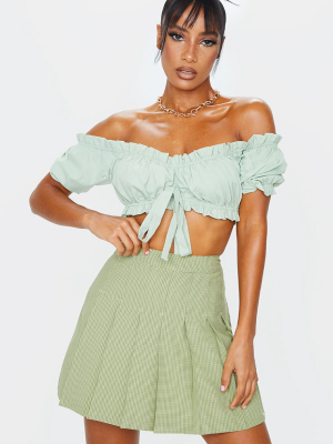 Sage Green Ruched Tie Off Shoulder Crop Top