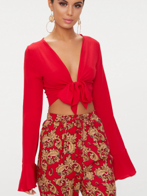 Red Tie Front Frill Sleeve Blouse