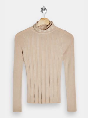 Mixed Ribbed Roll Neck Knitted Sweater