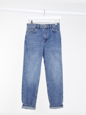 Topshop Clean Mom Jeans In Mid Wash Blue