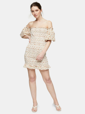 Ivory Ditsy Print Shirred Mini Bardot Dress