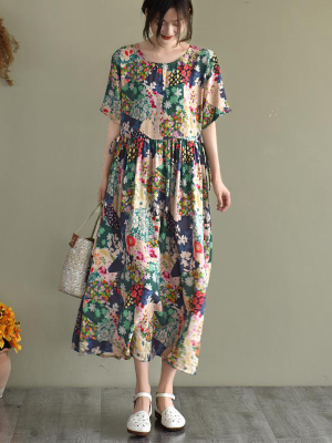 Plus Size - Floral Prints Short Sleeve Summer Loose Dress
