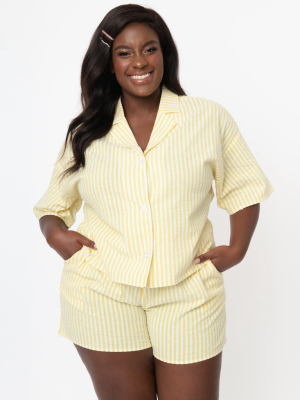 Plus Size Yellow & White Striped Button Up Pajama Shirt