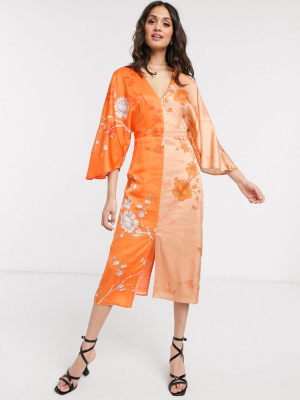 Liquorish Contrast Kimono Midi Dress With Split In Orange Floral