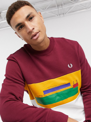 Fred Perry Faded Emboss Colourblock Sweat In Burgundy