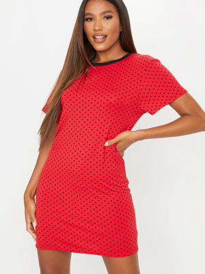 Red Polka Dot Print Oversized T Shirt Dress