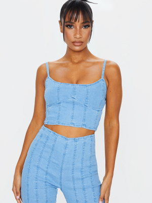 Light Blue Wash Seam Detail Denim Crop Top