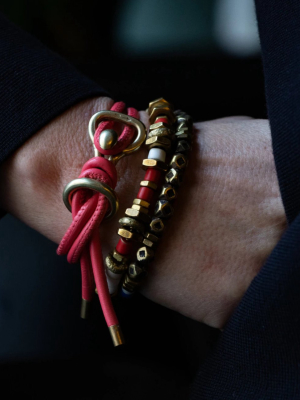 The Brass Beaded Stack With Coral Leather