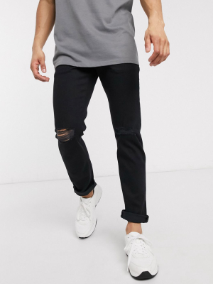 Asos Design Stretch Slim Denim Jean In Black With Knee Rips