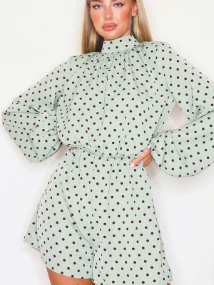 Sage Green Polka Dot High Neck Balloon Sleeve...