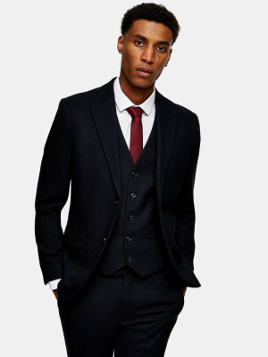 3 Piece Navy Herringbone Skinny Fit Suit With Peak Lapels