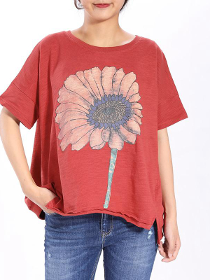 Plus Size - Short Sleeve Loose Sunflower Printed T-shirt