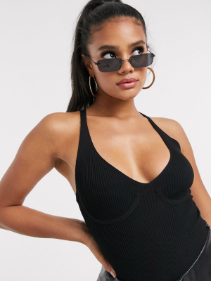 Asos Design Corset Detail Knitted Bodysuit In Black