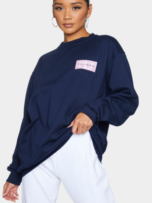 Prettylittlething Navy Overlay Printed Sweatshirt